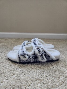 Stuart Weitzman Piper Chill Slide Sandals Womens 8.5 Gray Plaid Tweed